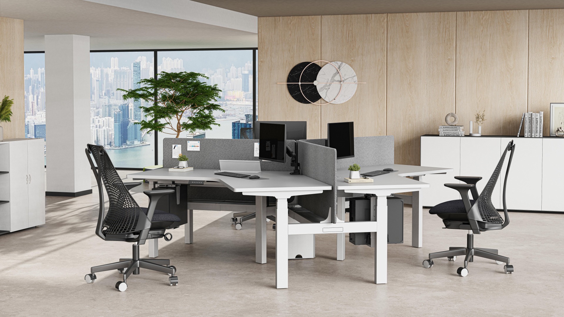 職員三人V型電動升降桌 | 職員區團隊協作辦公桌