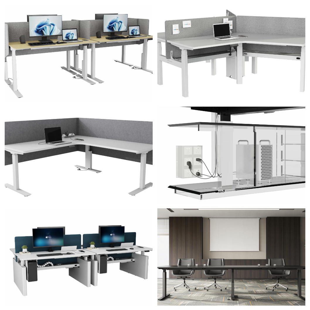客製化電動升降桌產品線總覽圖:包含單人、L型、雙人、主管、會議區等,強調完美線路隱藏設計。