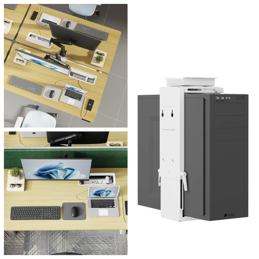 客製化電動升降桌產品線總覽圖:包含單人、L型、雙人、主管、會議區等,強調完美線路隱藏設計。