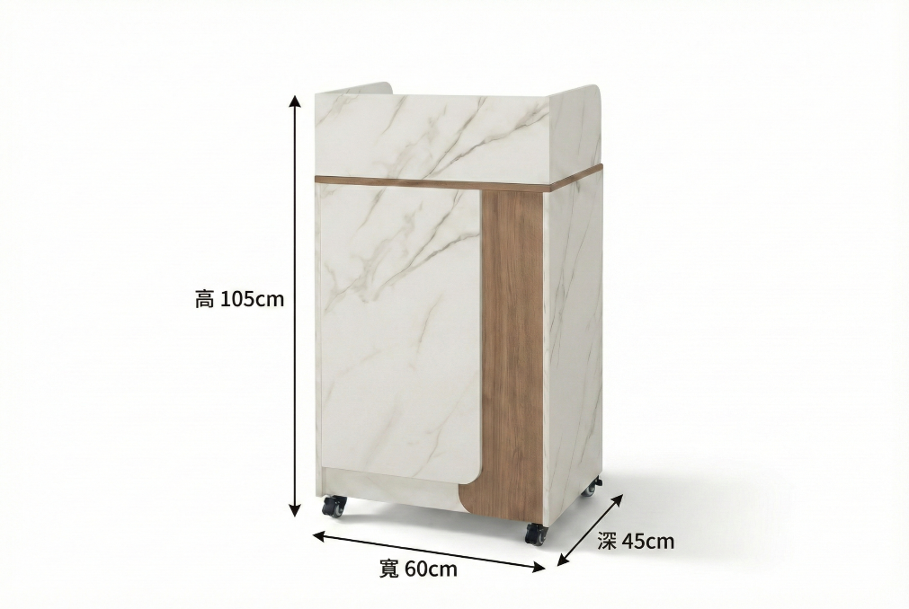 娜迪亞輕奢拼色收納講桌正面，大理石紋理與木質拼接設計外觀。