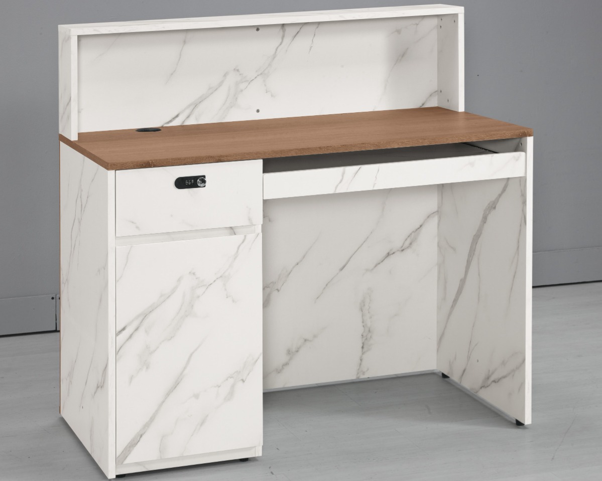 馬上賺錢 櫃台 - 娜迪亞B款功能背面：寬敞儲物空間與密碼鎖抽屜，符合人體工學容膝設計