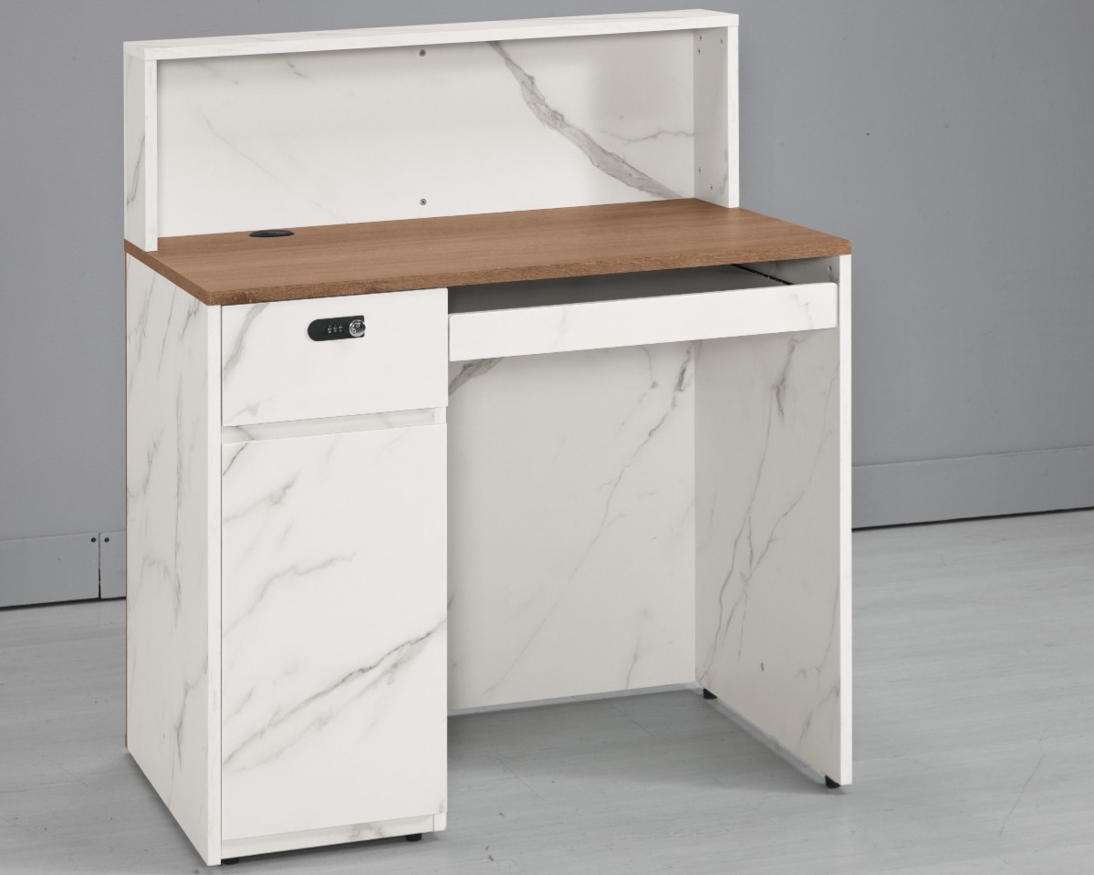 馬上賺錢 櫃台 - 娜迪亞功能性背面：附帶密碼鎖抽屜與開放式收納空間，具備舒適容膝空間