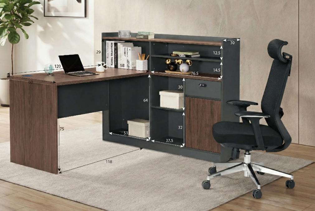 馬上賺錢 L型財務會計桌 - 120cm 主桌搭配 140cm 高容量側櫃收納組合