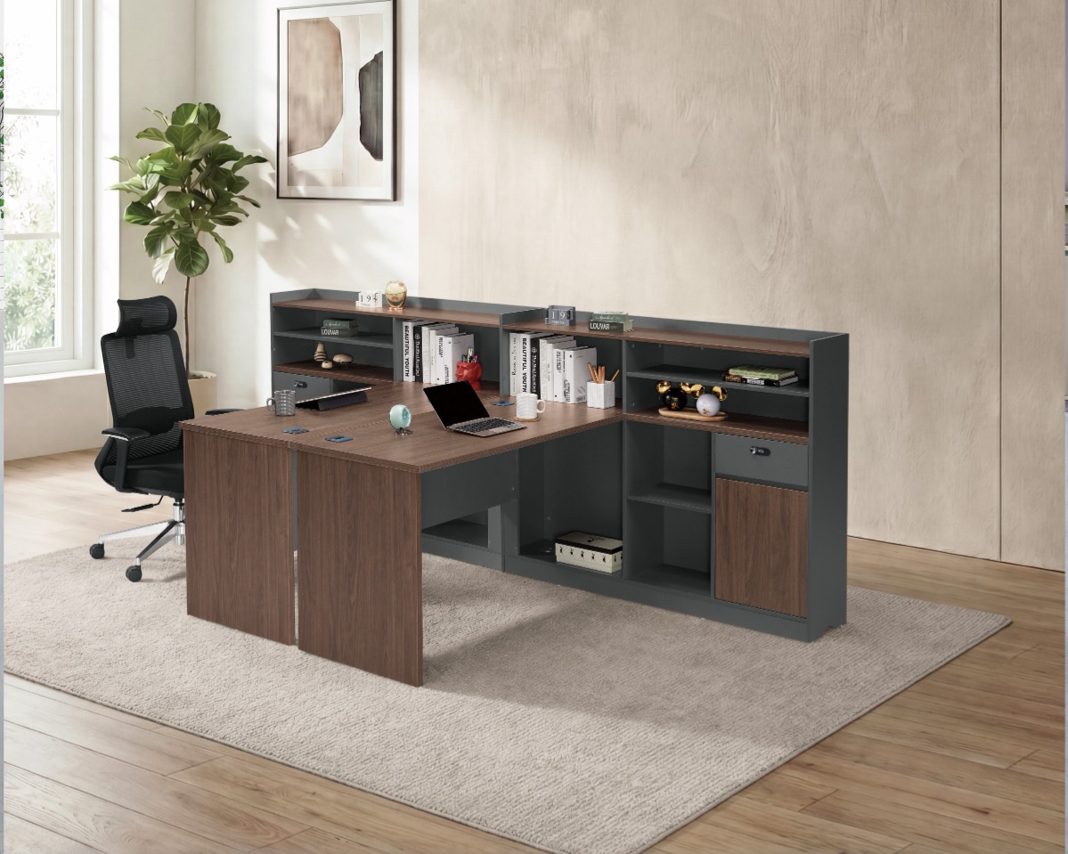 L型財務會計桌系統規劃 - 灰白配色簡約設計，營造專業辦公室財務部門環境