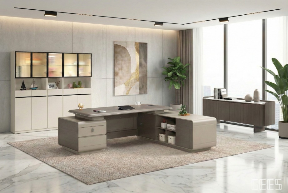 宙斯 Zeus 主管桌側面細節 - 多功能系統側櫃與精緻工藝面板展示