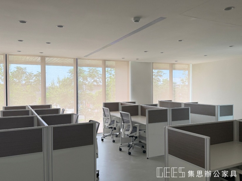 桃園市102cm對坐形4人OA屏風工作站實景,白色框架結合二段式白色烤漆與木紋波音屏風,現場共13人以上配置,打造明亮開放感的職員辦公座位